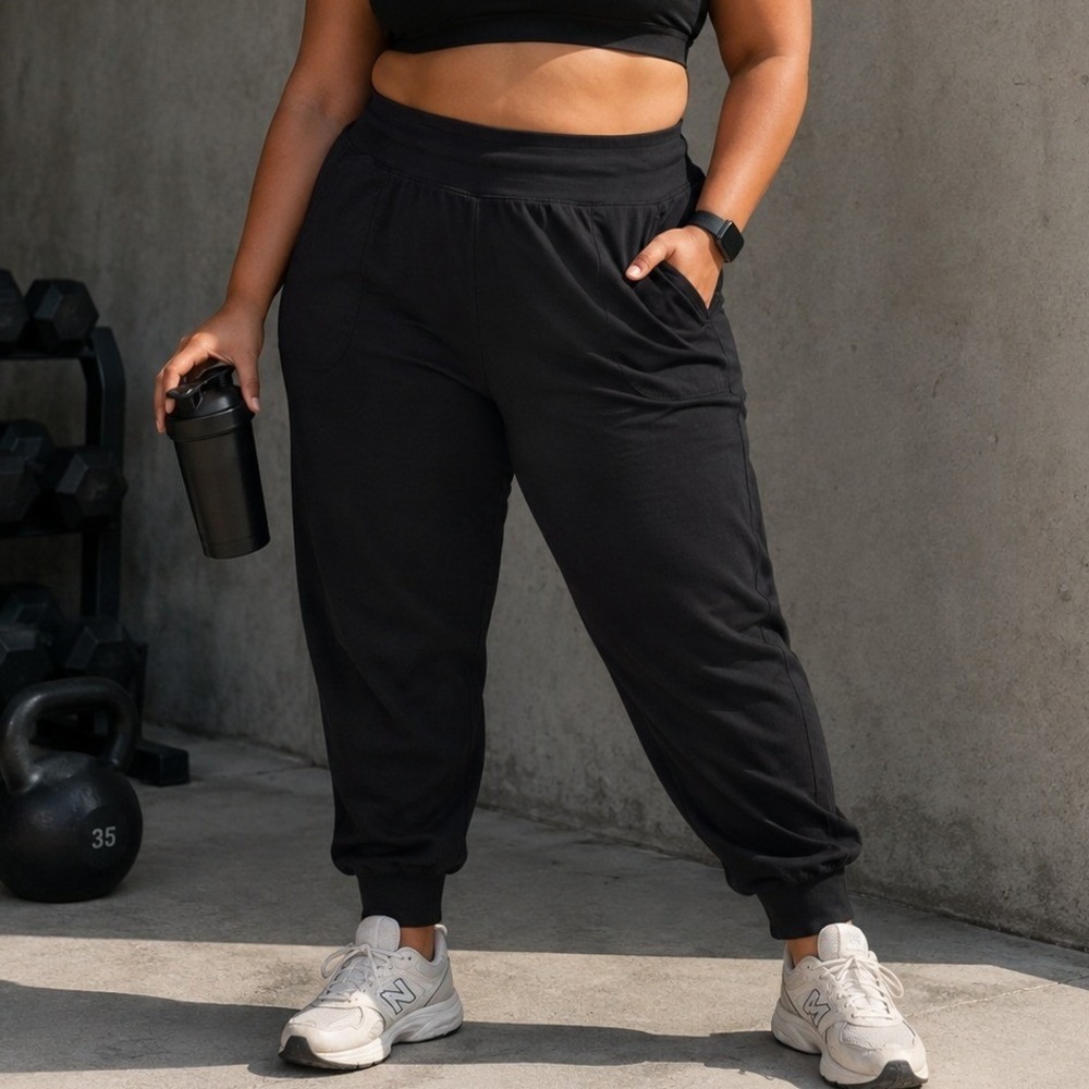 Freely 2X Jogger Pants Black Activewear Ribbed Waist Cuffed Plus Size VPP0551M